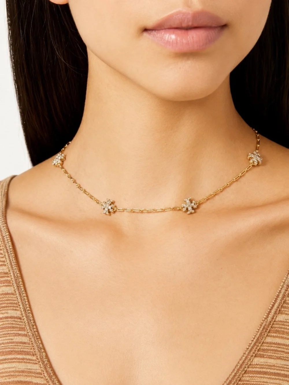 TORY BURCH • Gold Roxanne Chain Crystal Logo Delicate Necklace